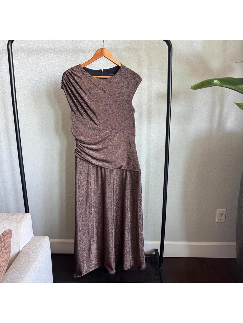 Maggy London Brown Metallic Midi Dress Size 14 Cap Sleeve Ruched Wedding Guest - Picture 4 of 10